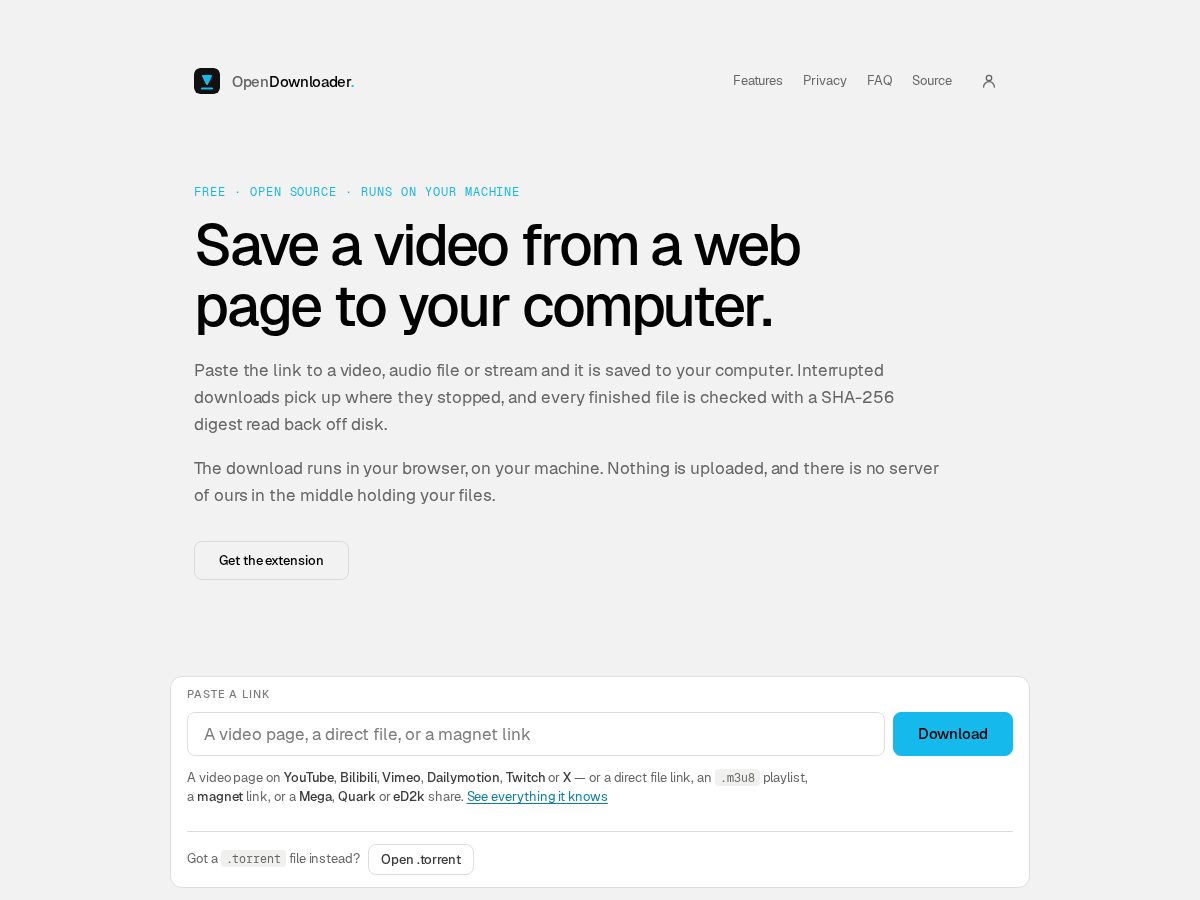 Landing-page snapshot of opendownloader.app