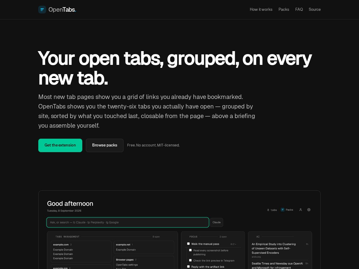 Landing-page snapshot of opentabs.app