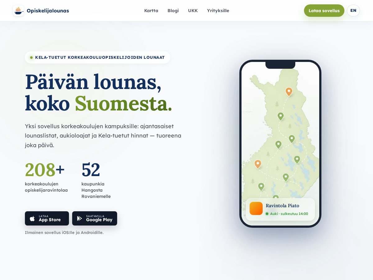 Landing-page snapshot of opiskelijalounas.app