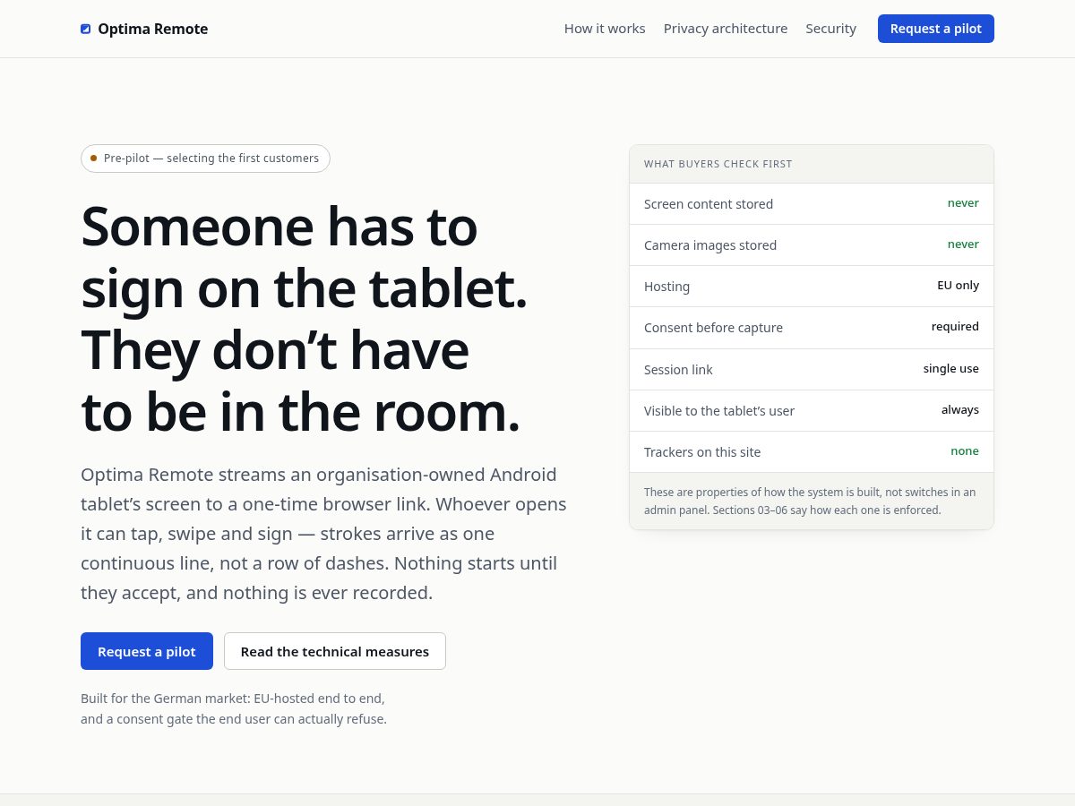 Landing-page snapshot of optimaremote.com