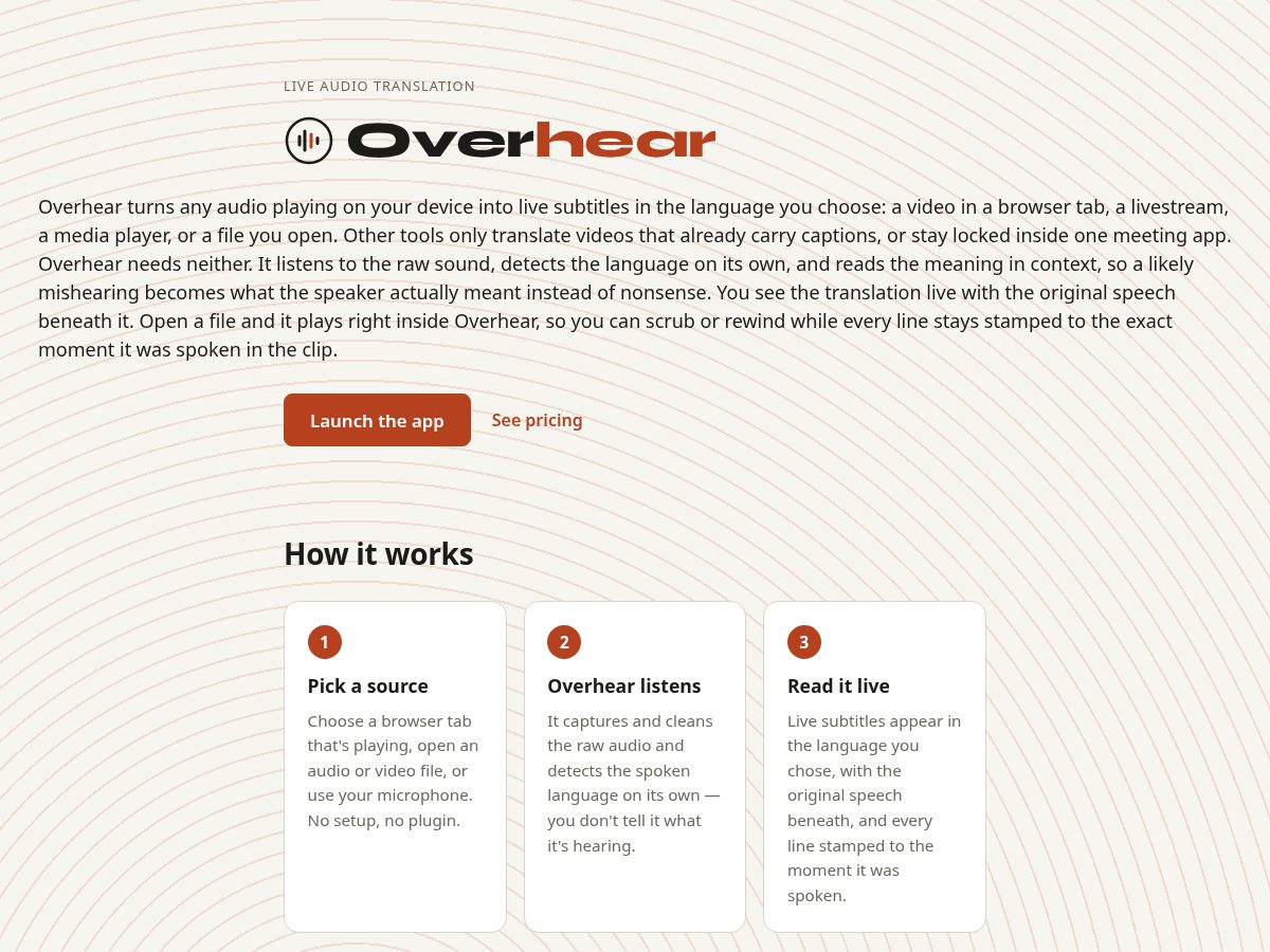 Landing-page snapshot of overhearapp.com