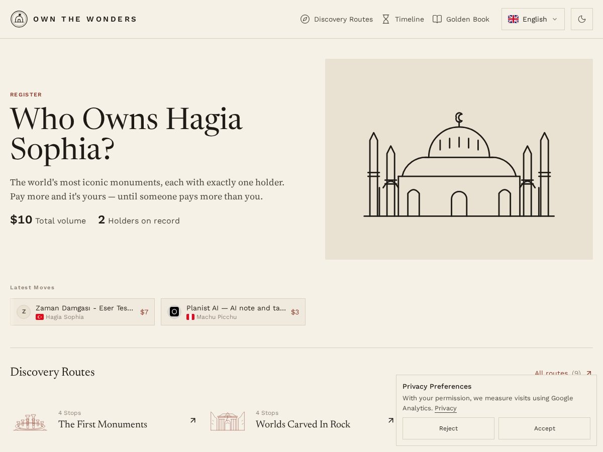 Landing-page snapshot of ownthewonders.com