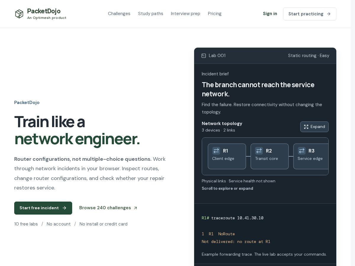 Landing-page snapshot of packet-dojo.com