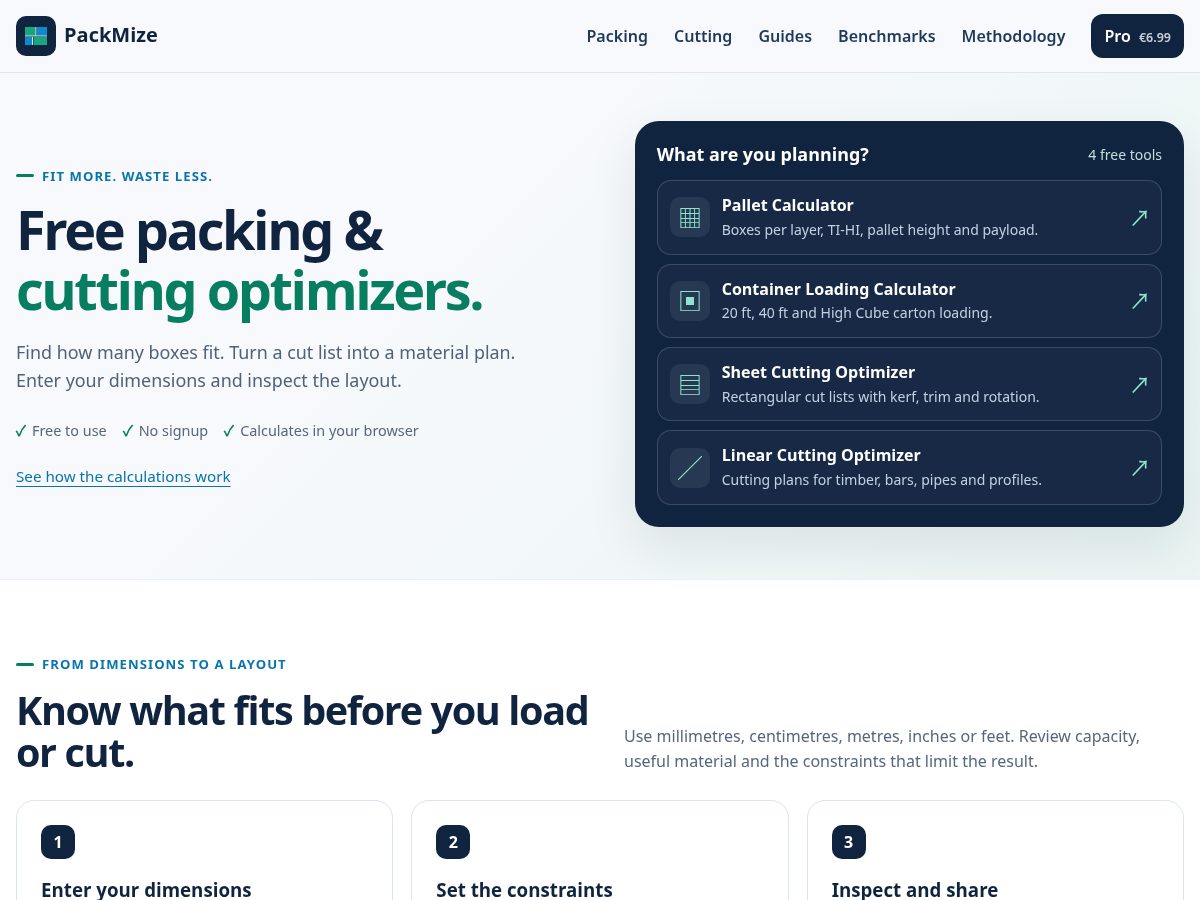 Landing-page snapshot of packmize.com