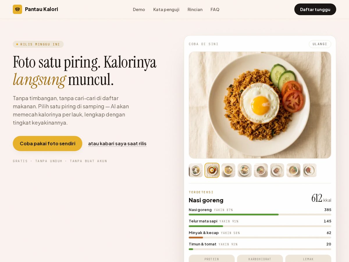 Landing-page snapshot of pantaukalori.com
