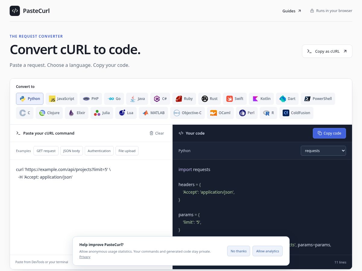 Landing-page snapshot of pastecurl.com