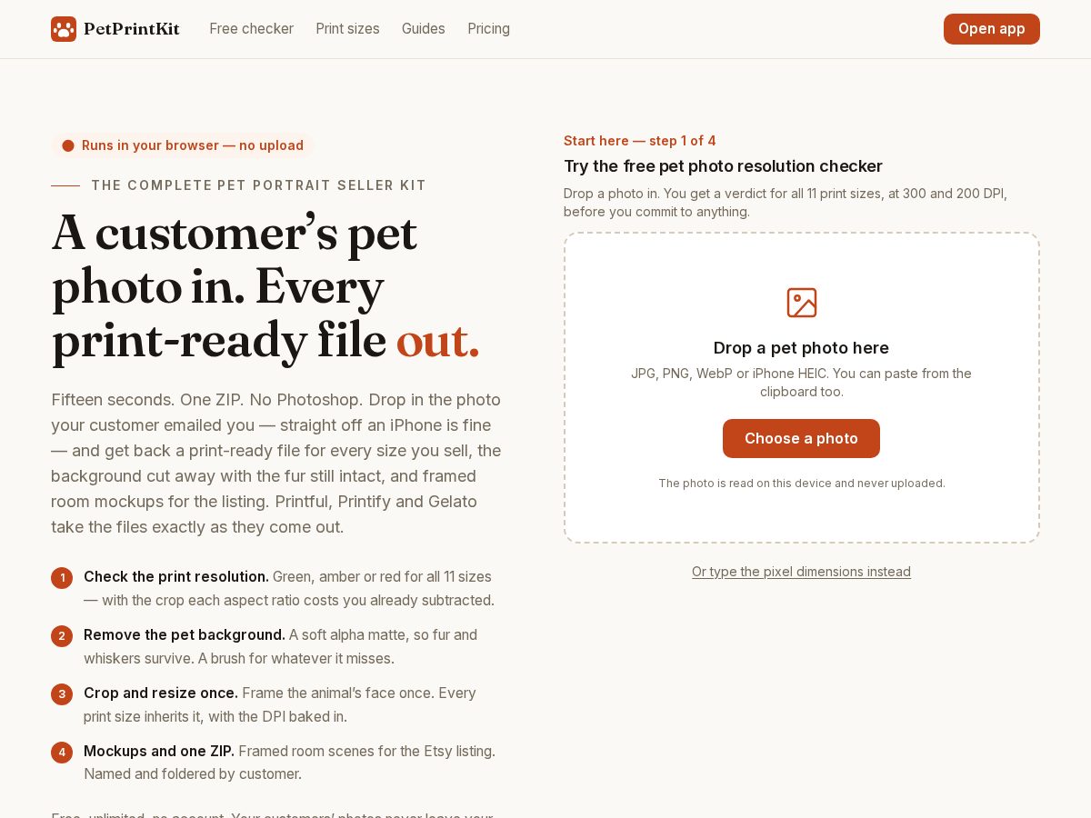 Landing-page snapshot of petprintkit.com