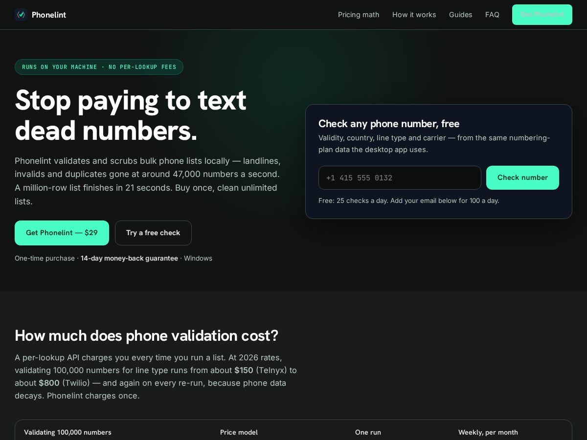 Landing-page snapshot of phonelint.com