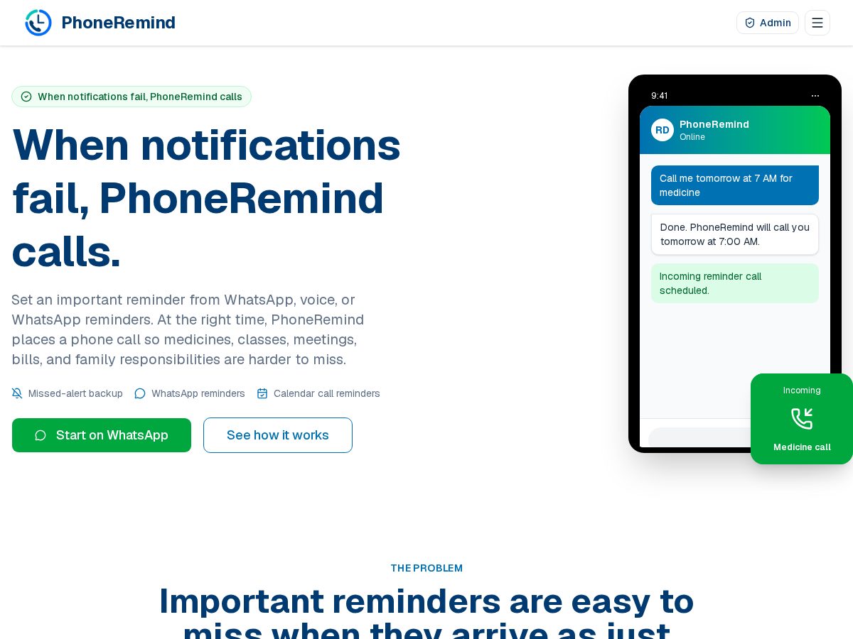 Landing-page snapshot of phoneremind.com