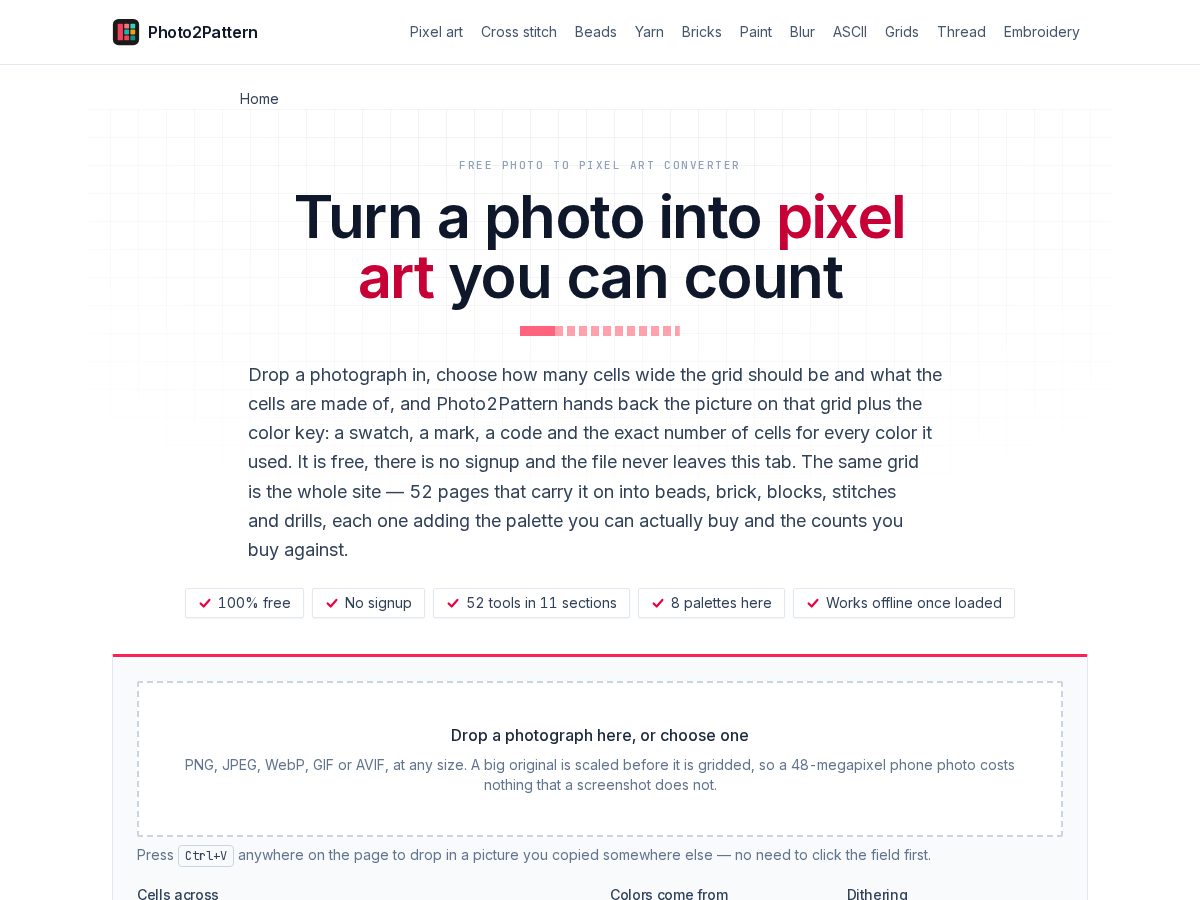 Landing-page snapshot of photo2pattern.com