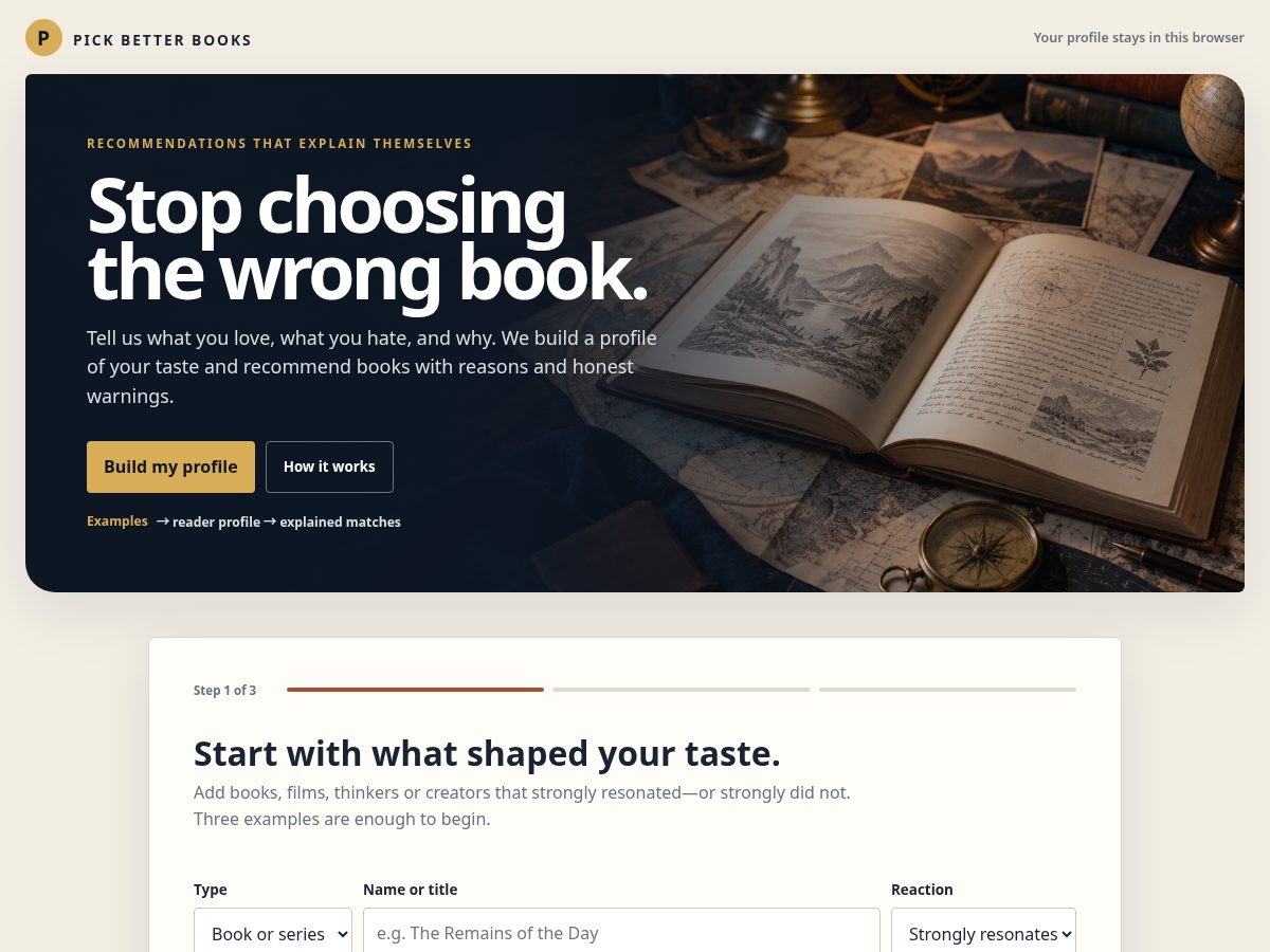 Landing-page snapshot of pickbetterbooks.com