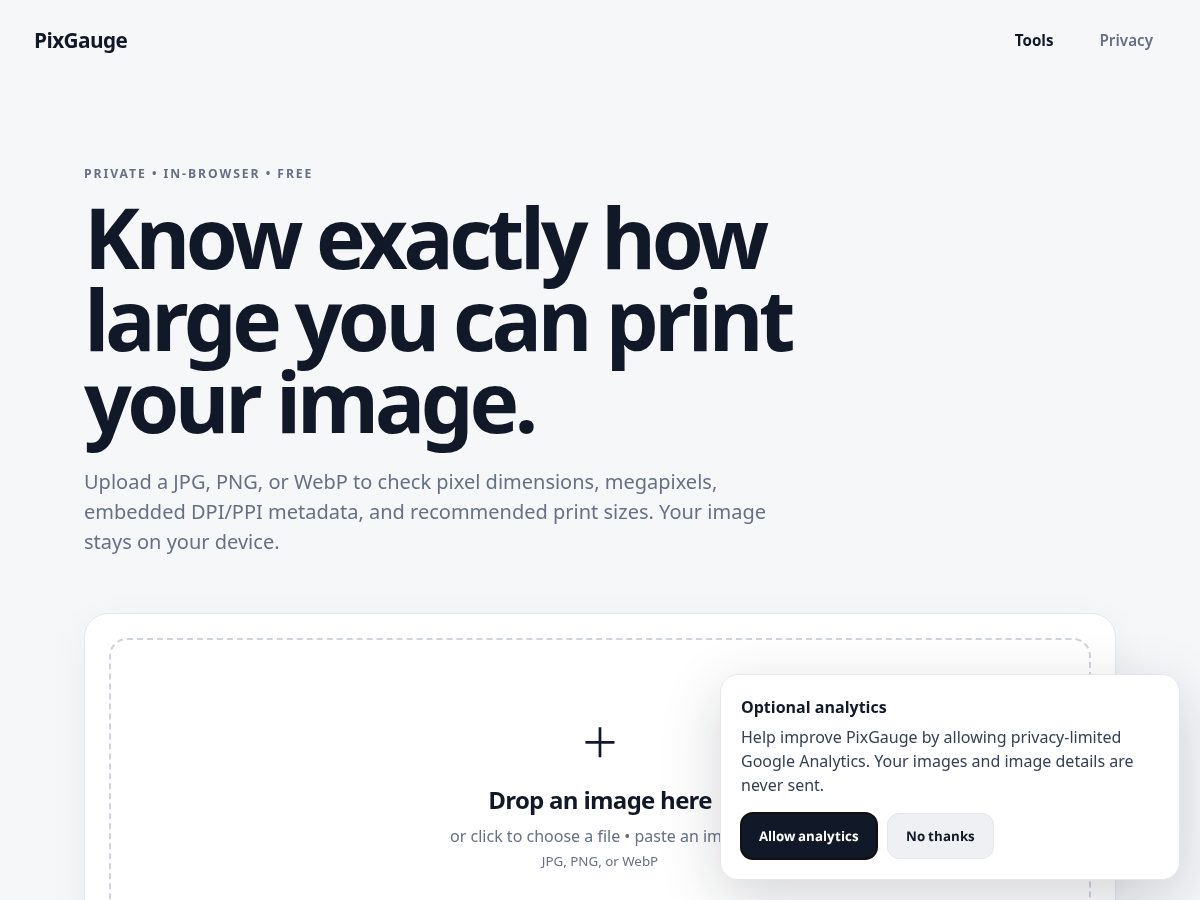 Landing-page snapshot of pixgauge.com