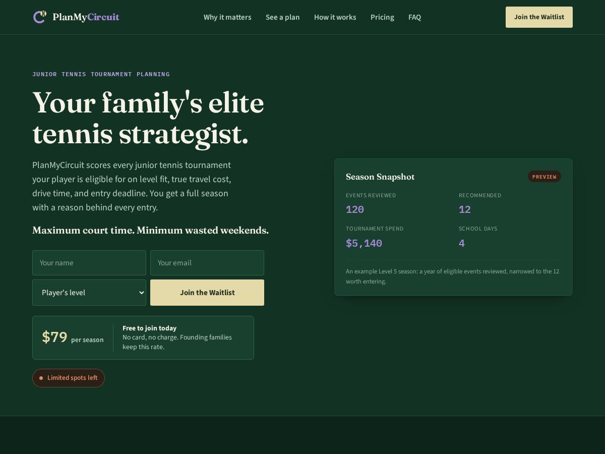 Landing-page snapshot of planmycircuit.com