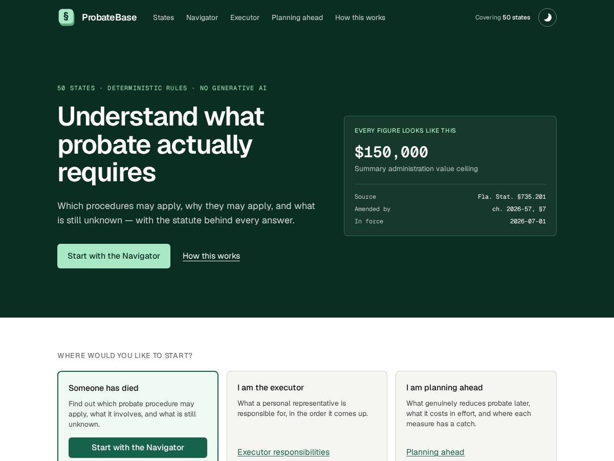 Landing-page snapshot of probatebase.com
