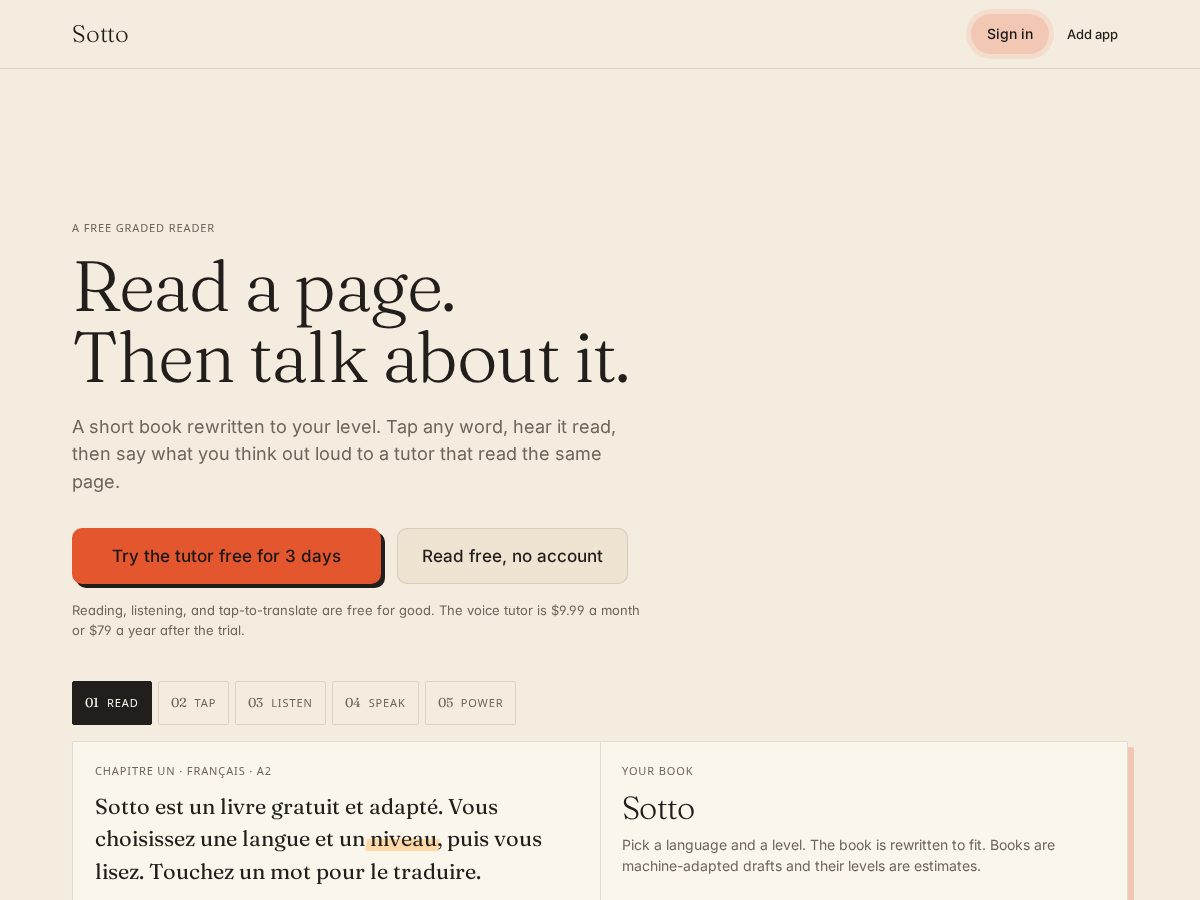 Landing-page snapshot of readsotto.app