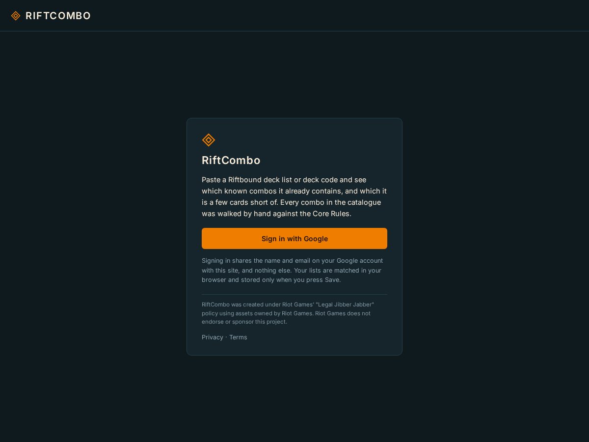Landing-page snapshot of riftcombo.app