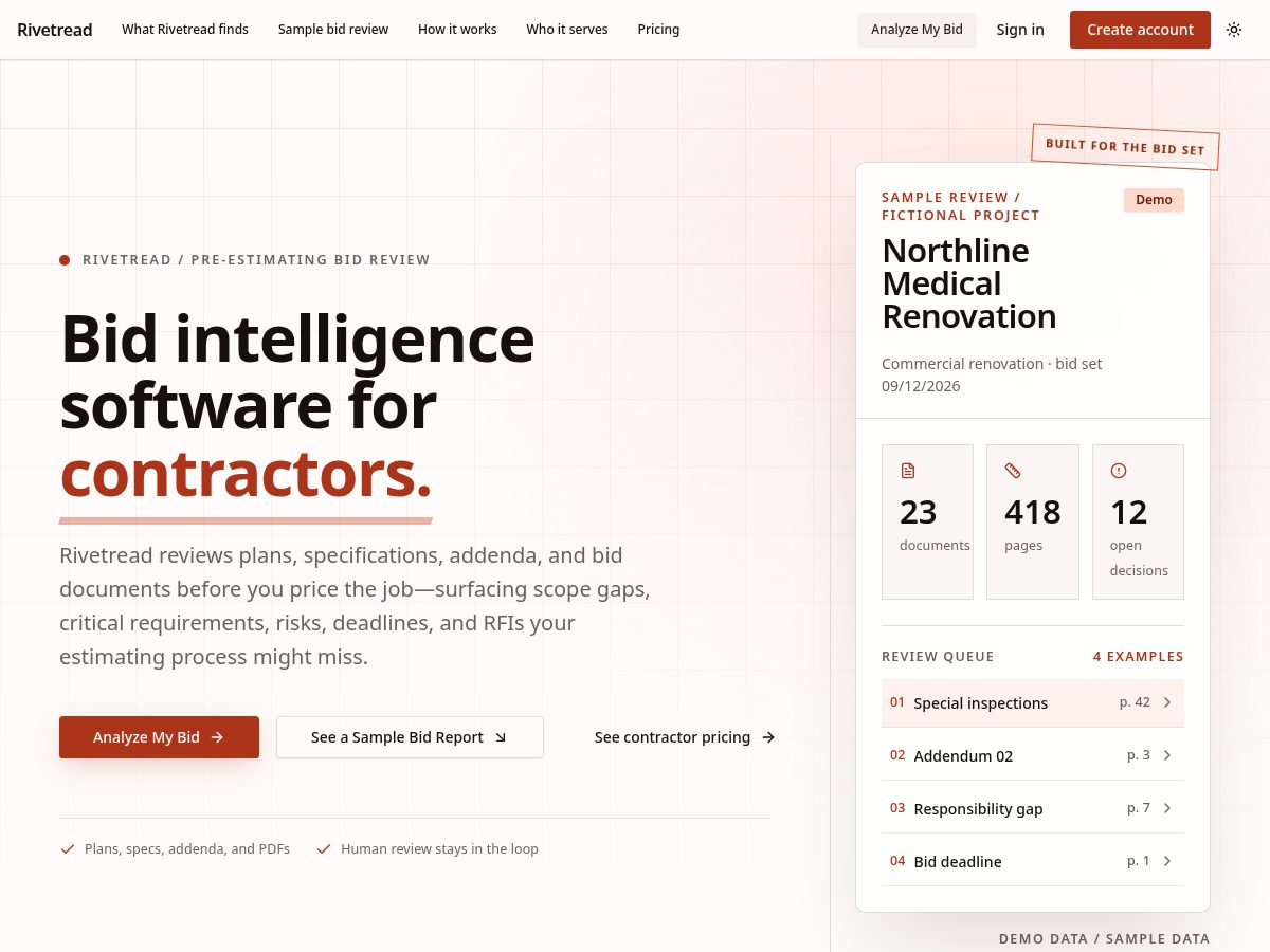 Landing-page snapshot of rivetread.com