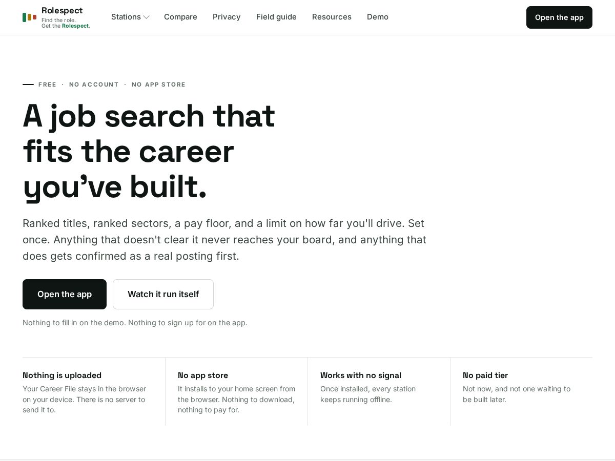 Landing-page snapshot of rolespect.com