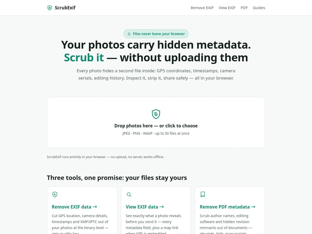 Landing-page snapshot of scrubexif.com