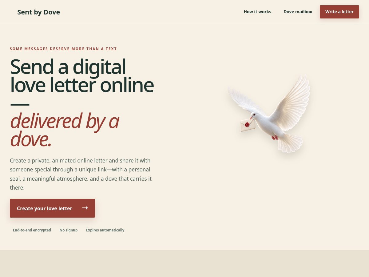 Landing-page snapshot of sentbydove.com