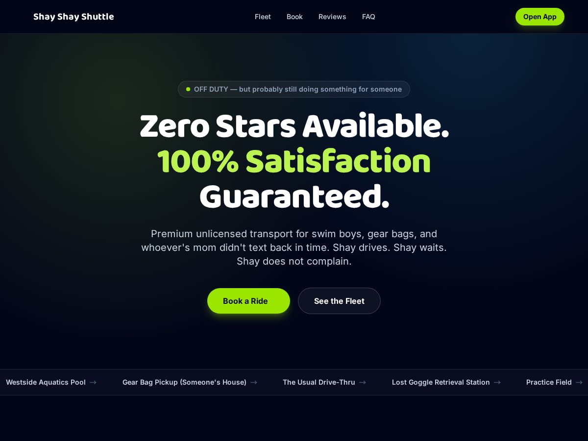 Landing-page snapshot of shayshayshuttle.com