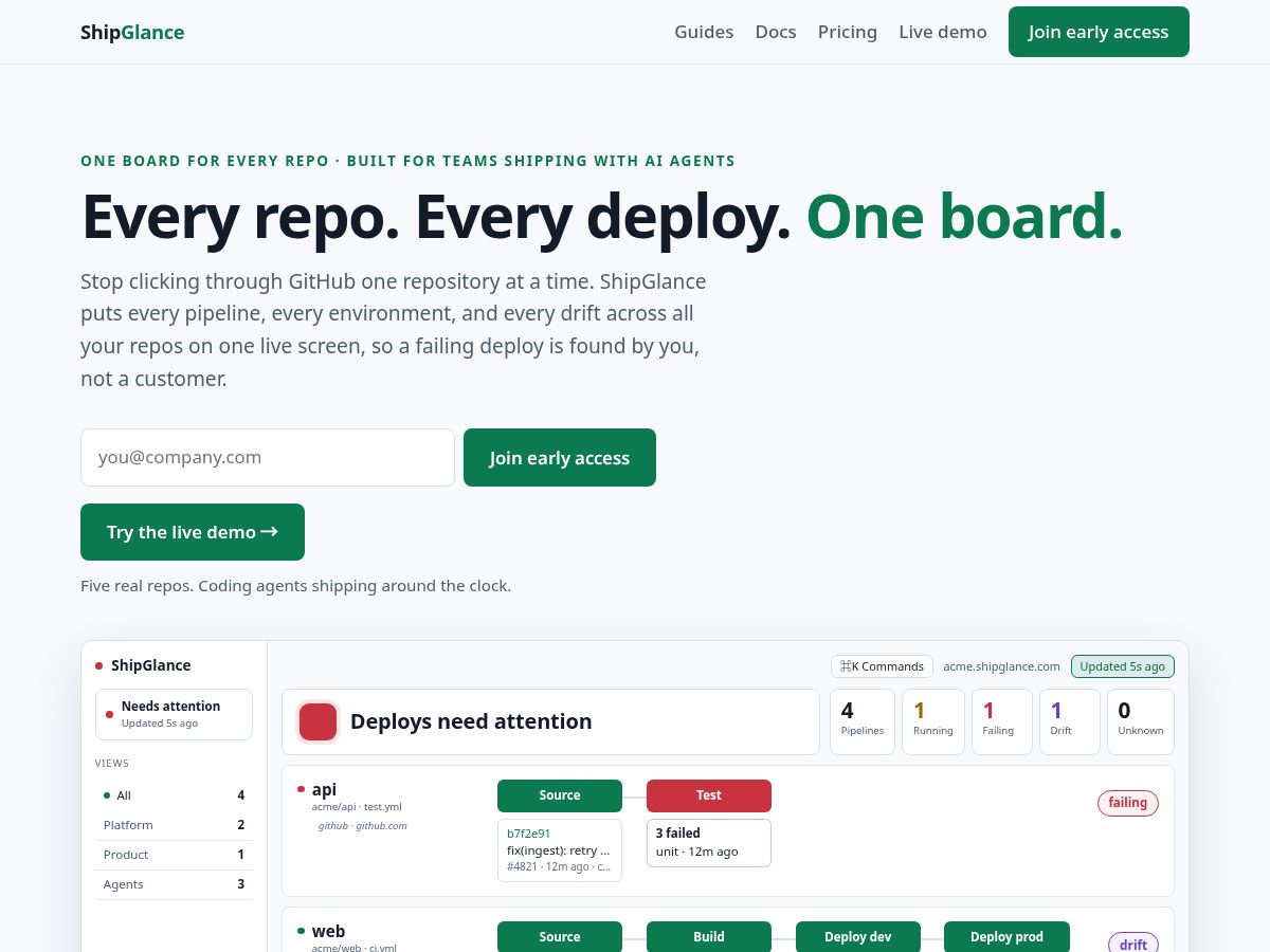 Landing-page snapshot of shipglance.com