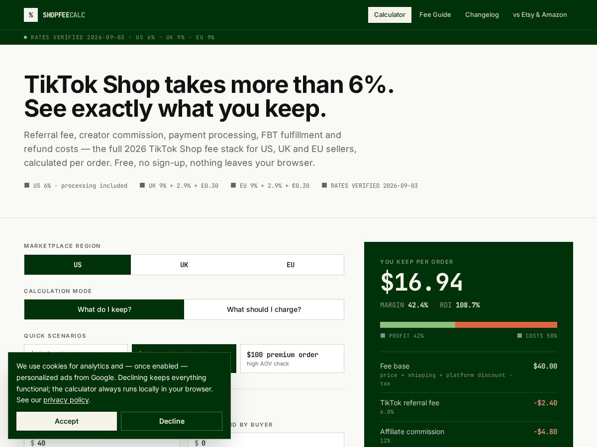Landing-page snapshot of shopfeecalculator.com