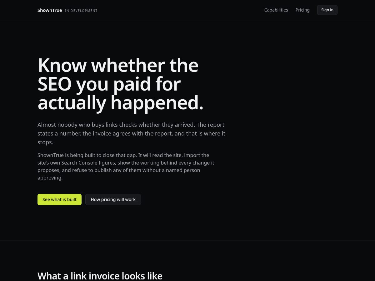 Landing-page snapshot of showntrue.com