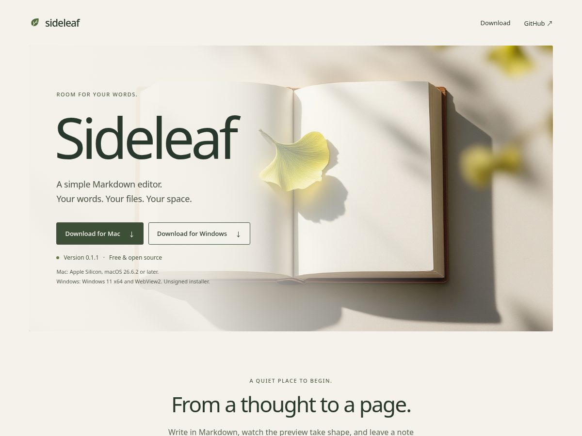 Landing-page snapshot of sideleaf.xyz