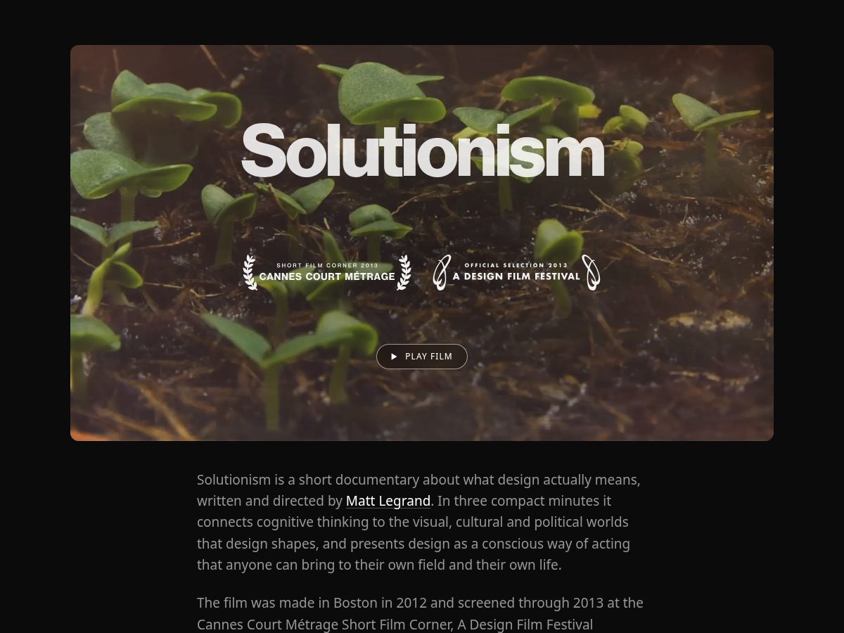 Landing-page snapshot of solutionism.film