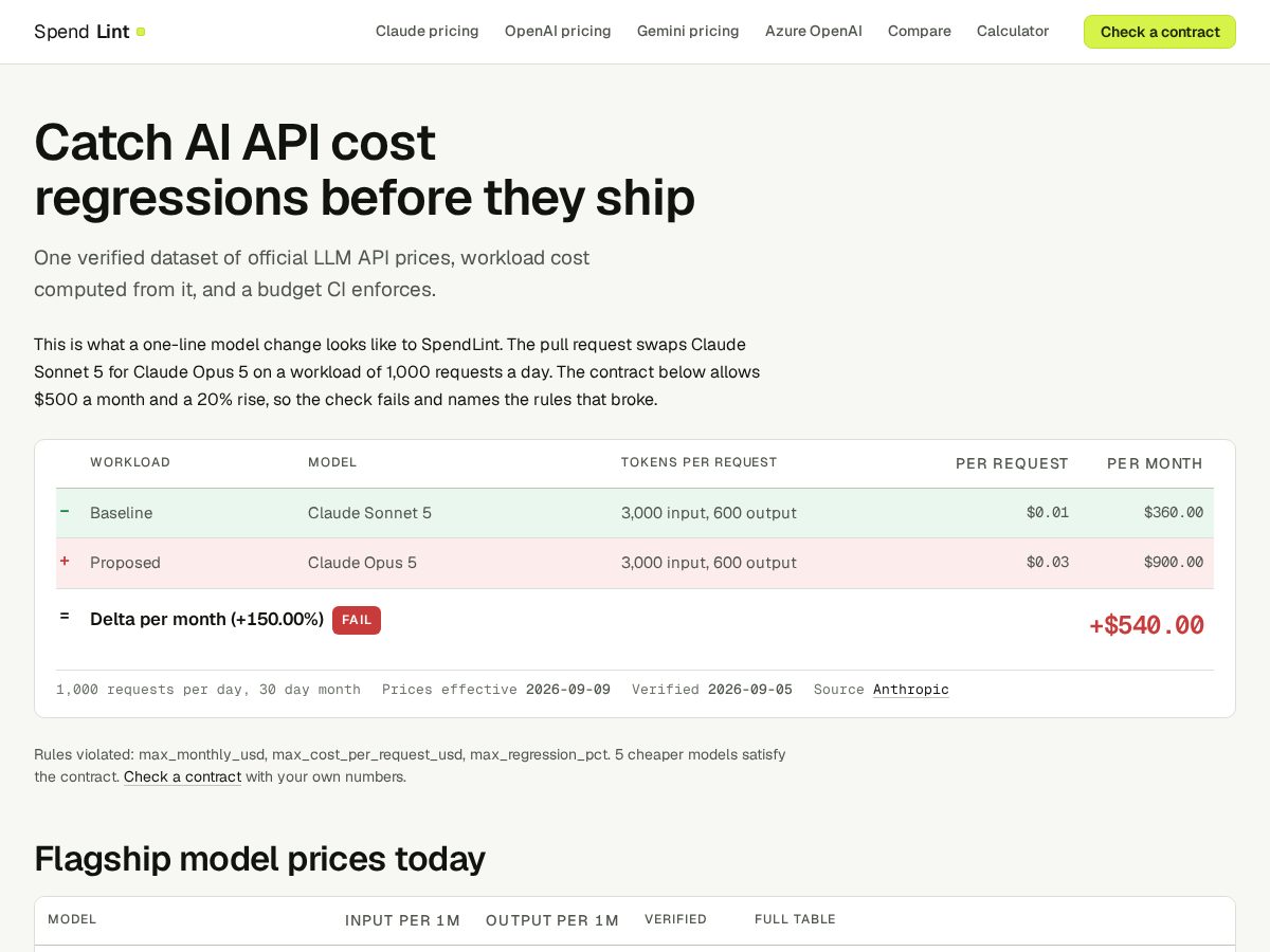 Landing-page snapshot of spendlint.dev