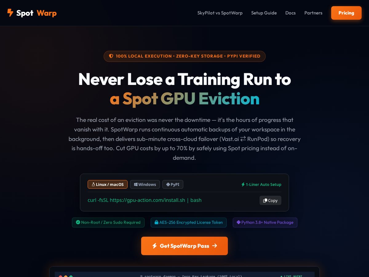 Landing-page snapshot of spotwarp.com