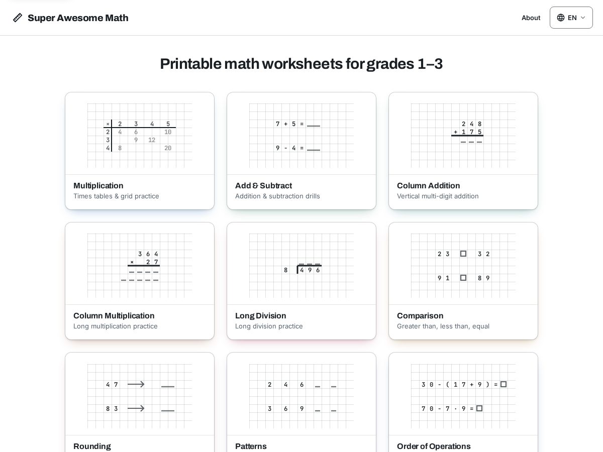 Landing-page snapshot of superawesomemath.com