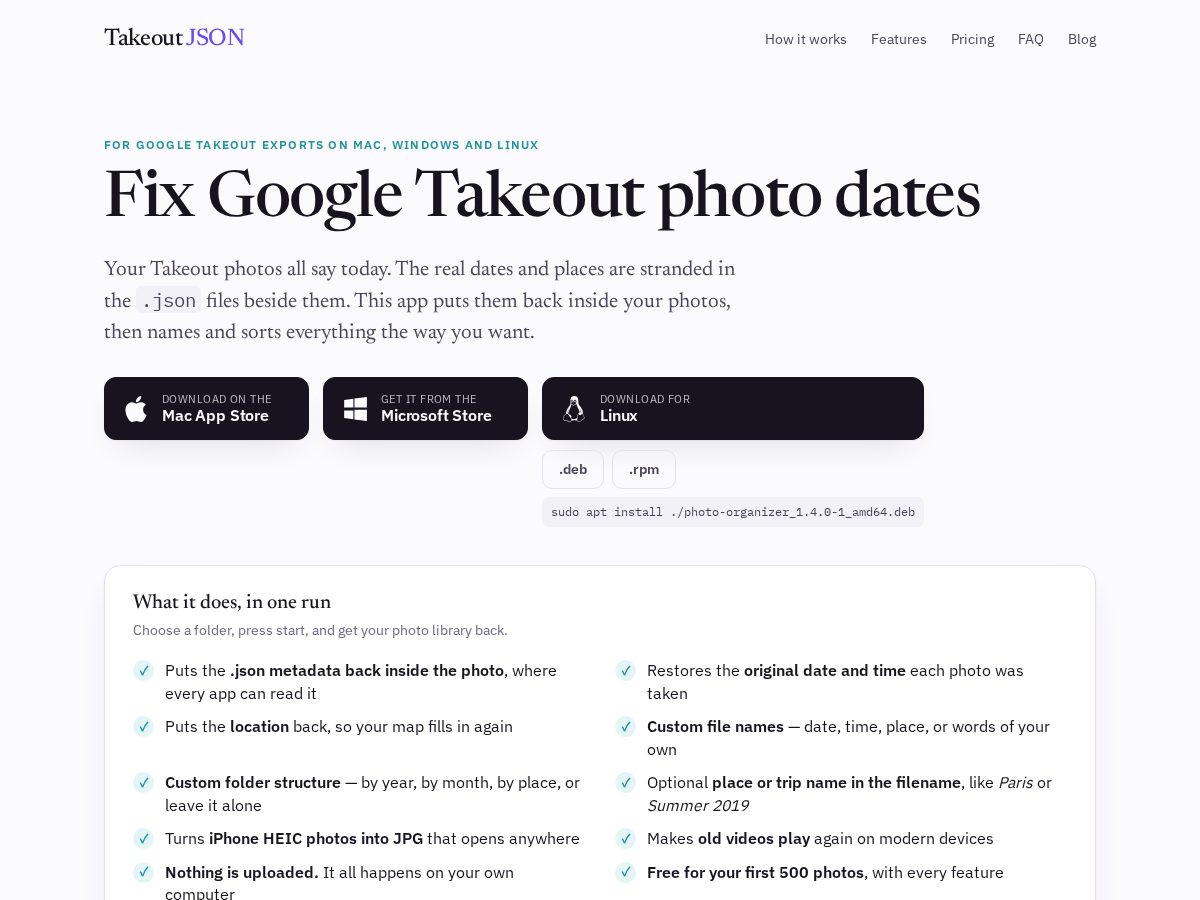 Landing-page snapshot of takeoutjson.com
