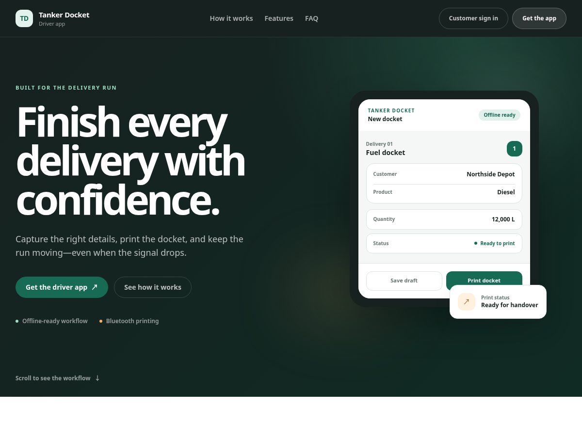 Landing-page snapshot of tankerdocket.com