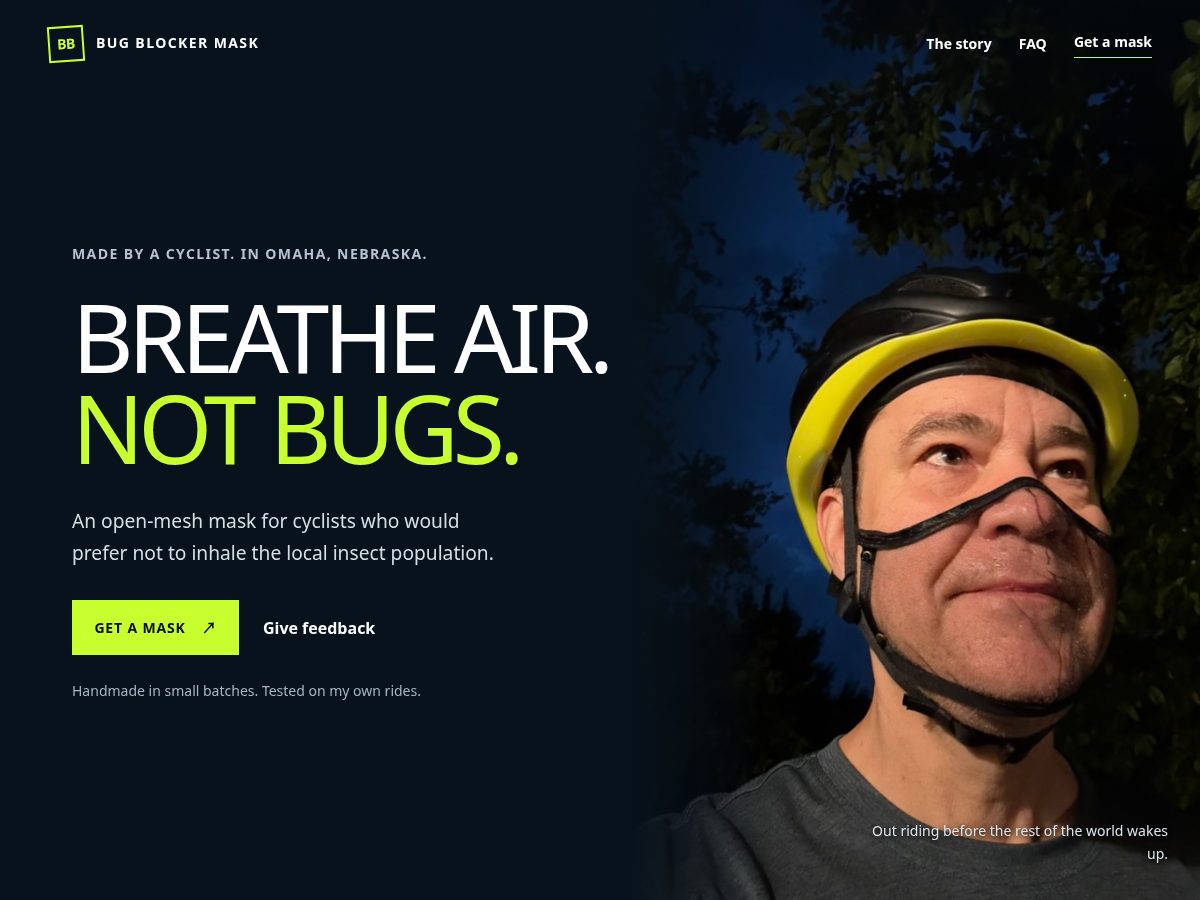 Landing-page snapshot of thebugblockermask.com