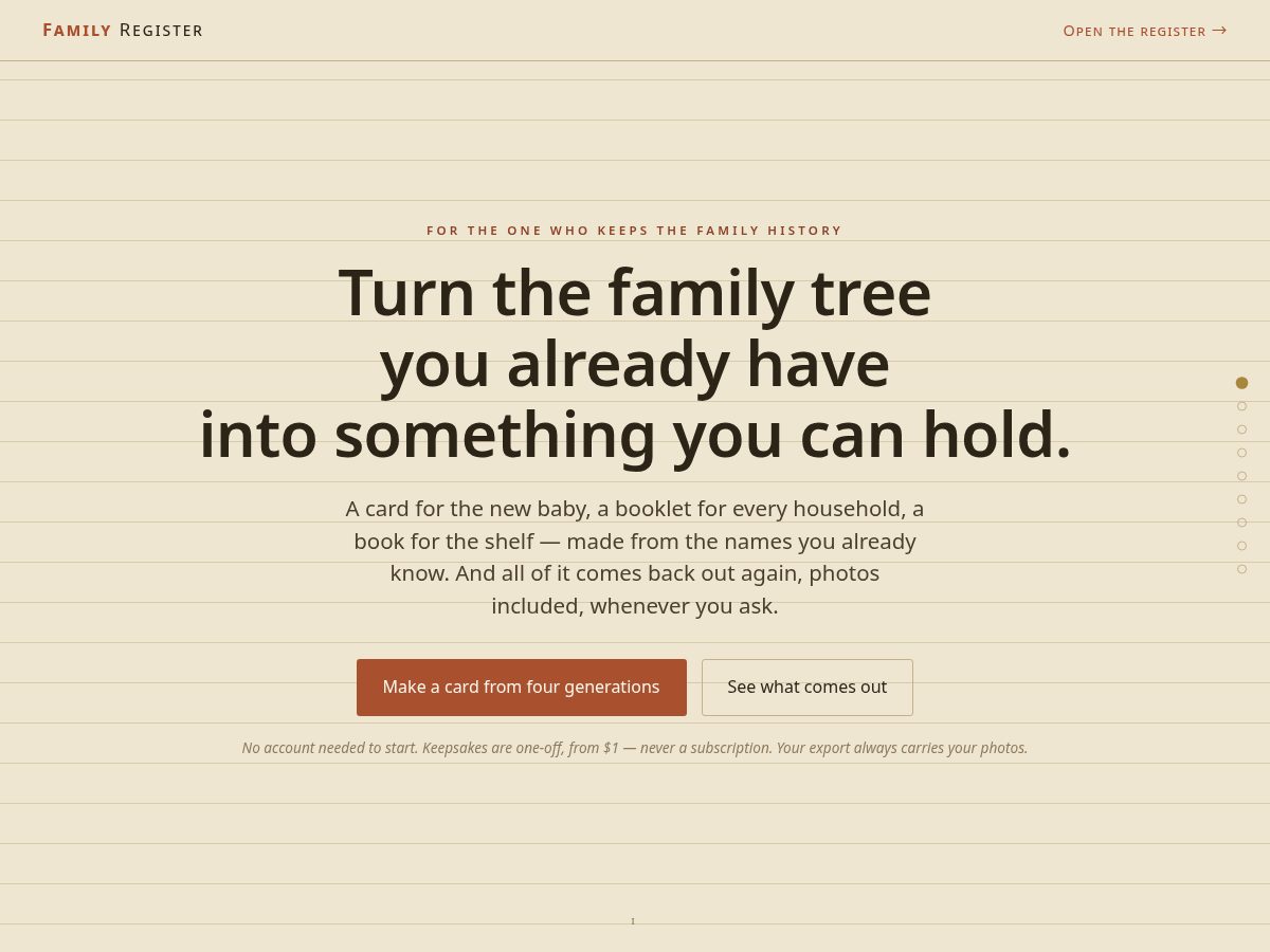 Landing-page snapshot of thefamilyregister.com