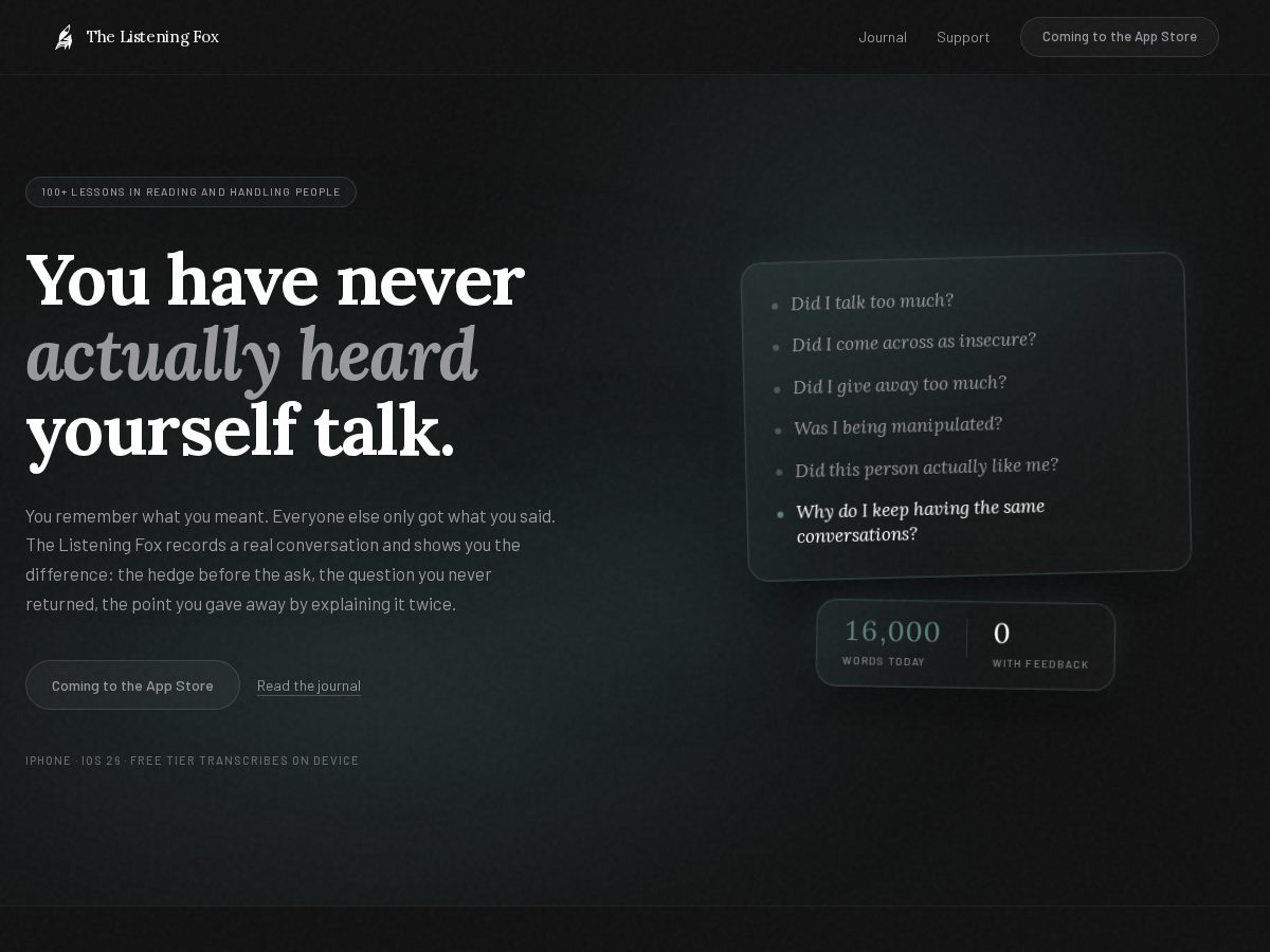 Landing-page snapshot of thelisteningfox.com