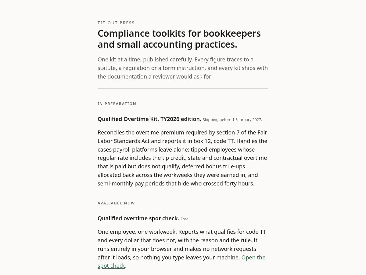Landing-page snapshot of tieoutpress.com