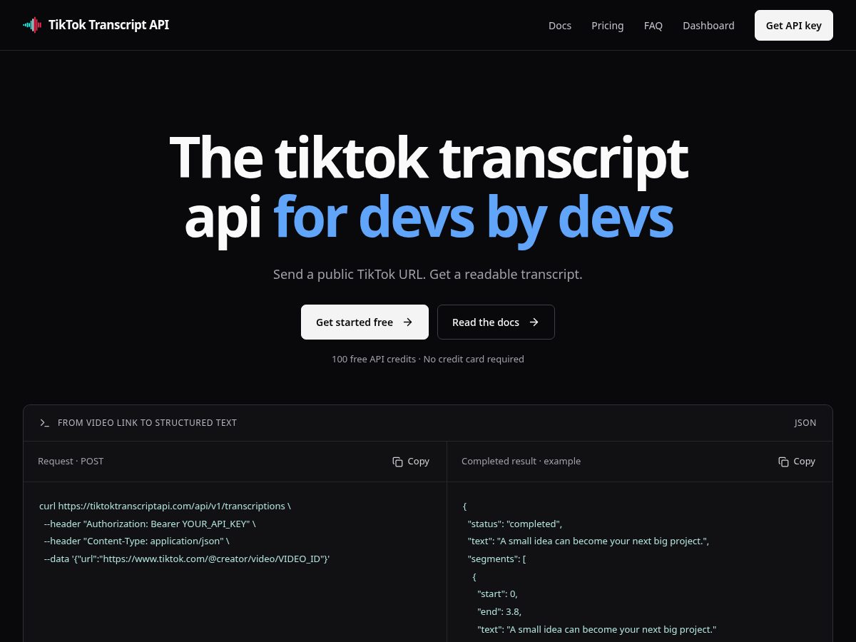 Landing-page snapshot of tiktoktranscriptapi.com