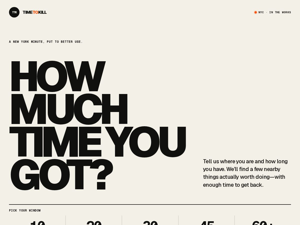 Landing-page snapshot of timetokill.nyc