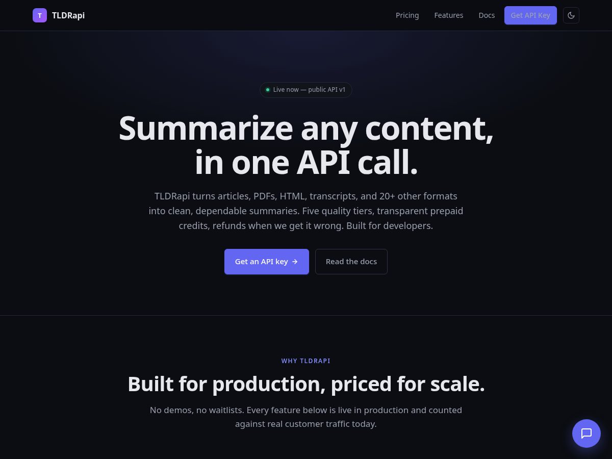 Landing-page snapshot of tldrapi.com
