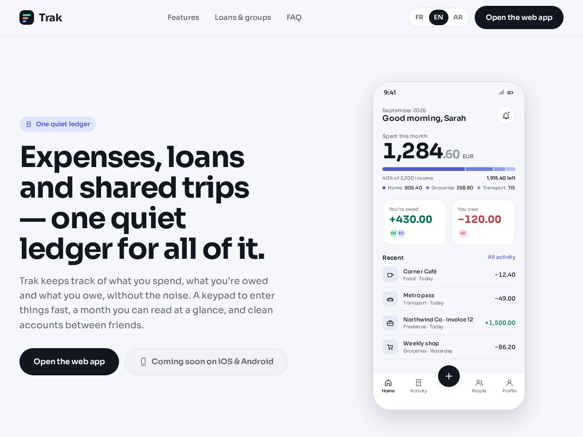 Landing-page snapshot of trakledger.app