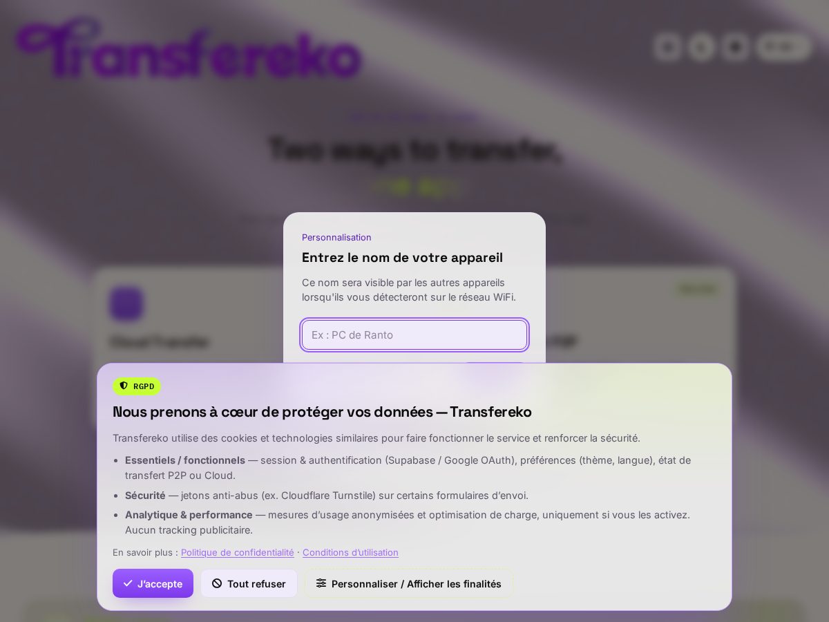 Landing-page snapshot of transfereko.com