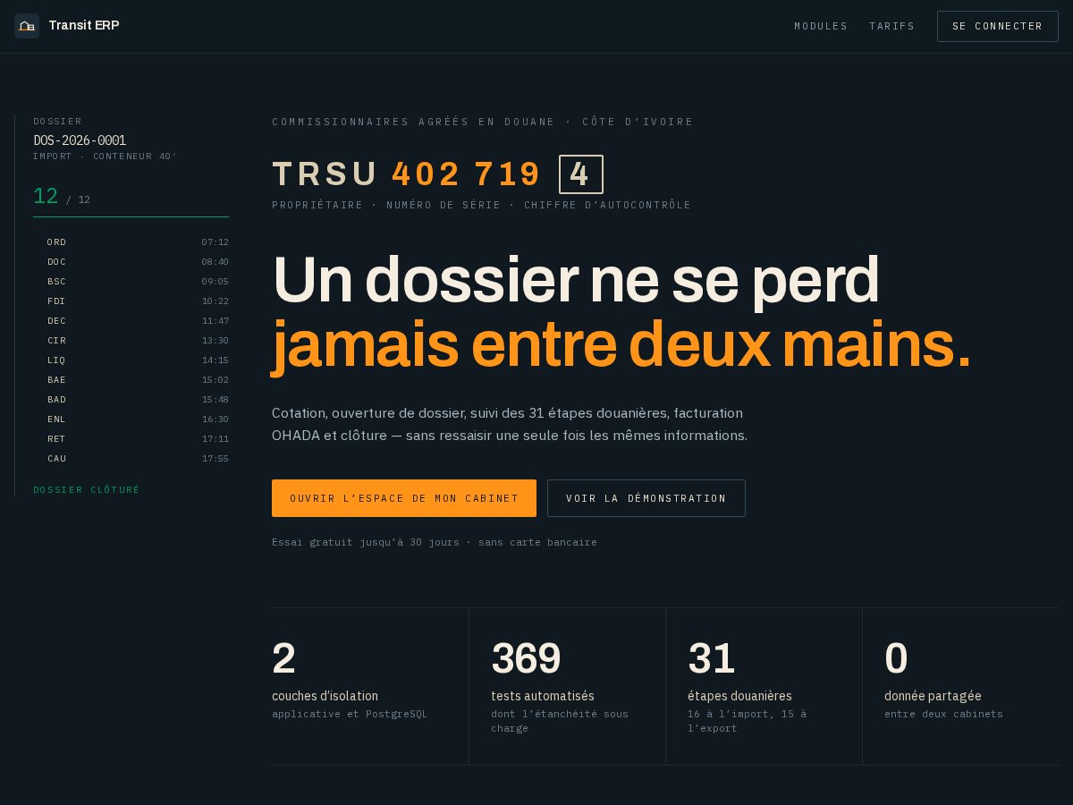 Landing-page snapshot of transit-erp.com