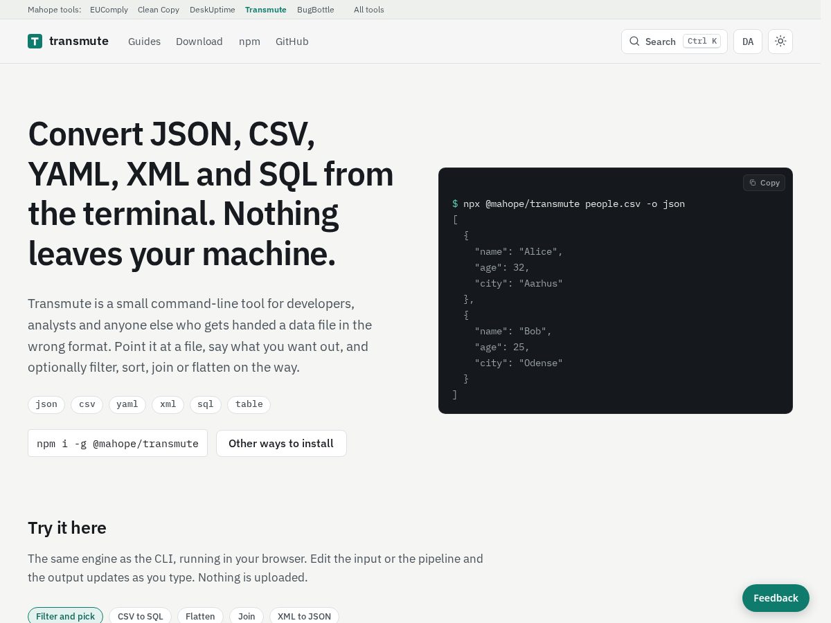 Landing-page snapshot of transmute.run