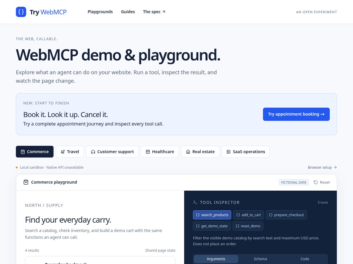Landing-page snapshot of trywebmcp.com