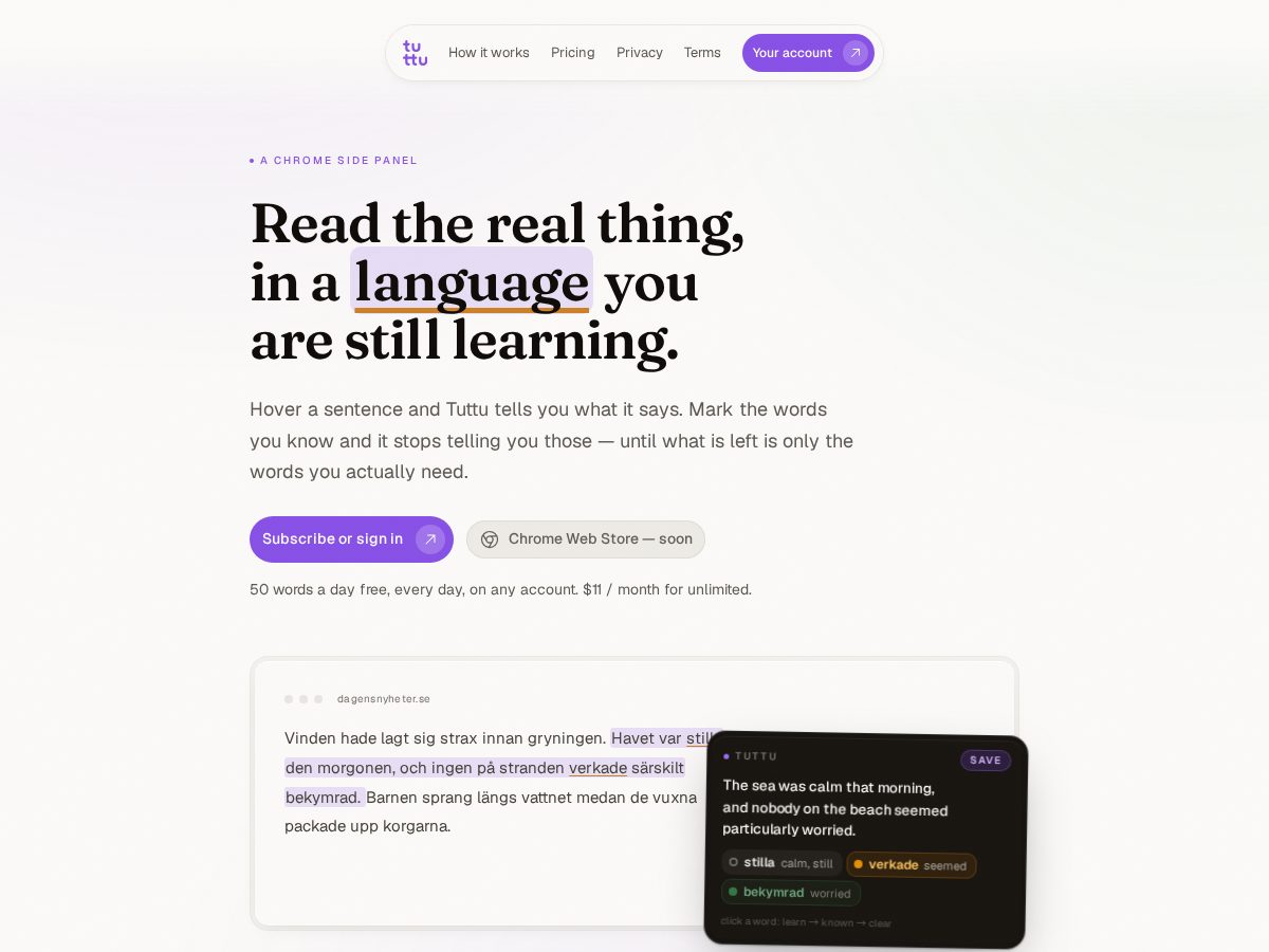 Landing-page snapshot of tuttu.app