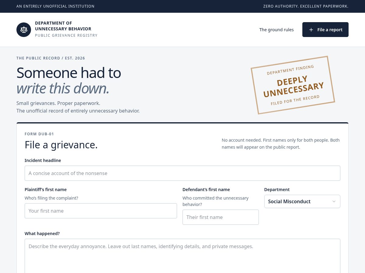 Landing-page snapshot of unnecessarybehavior.com