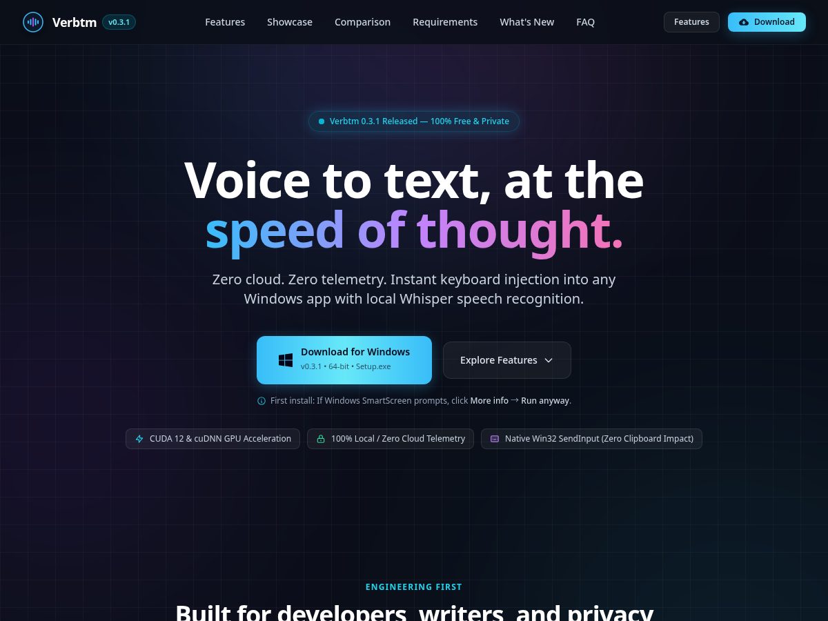 Landing-page snapshot of verbtm.app